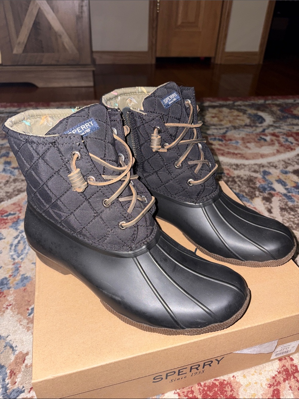 Sperry Black Quilted Duck Booties with Tan Laces